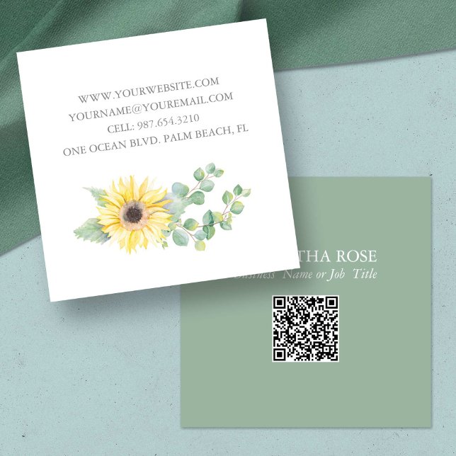 Quadrado Cartão de visita de Código QR - Floral de Aquarela (unique business cards florist watercolor yellow sunflower botanical eucalyptus greenery)