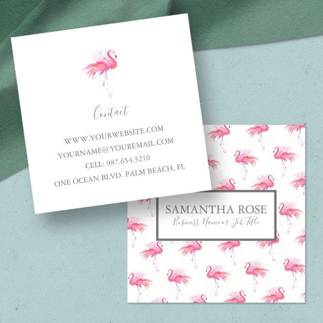 Quadrado Cartão de visita de Flamingo Rosa Tropical (Pink flamingo business cards tropical pink watercolor art by Victoria Grigaliunas Do Tell A Belle)