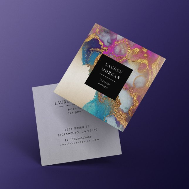 Quadrado Cartão de visita de folha azul-aquarela Dourada (Criador carregado)