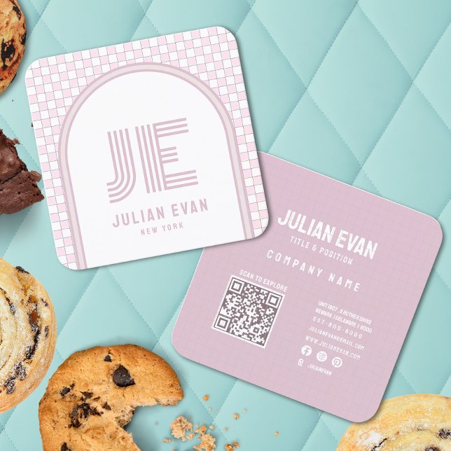 Quadrado Cartão de visita de monograma cor-de-rosa com retr (Criador carregado)