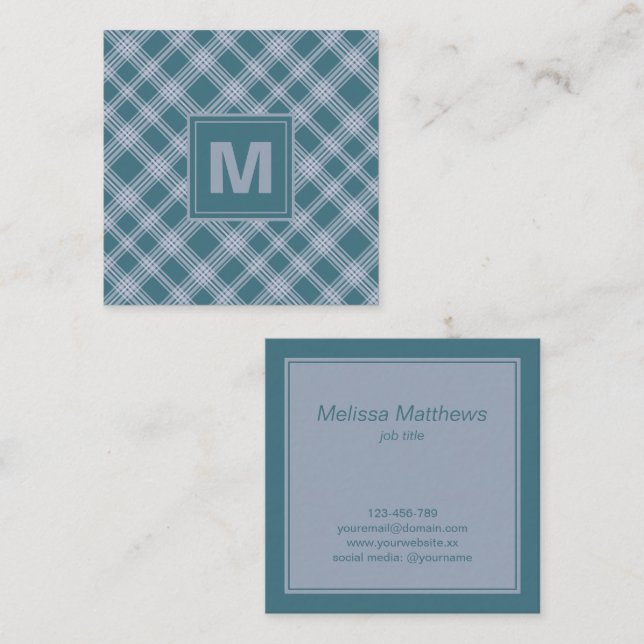 Quadrado Cartão de visita de padrão de Xadrez ciano sem som (Frente/Verso)