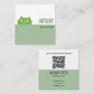 Quadrado Cartão de Visita de Pet Sitter QR Verde Gatinho Fo