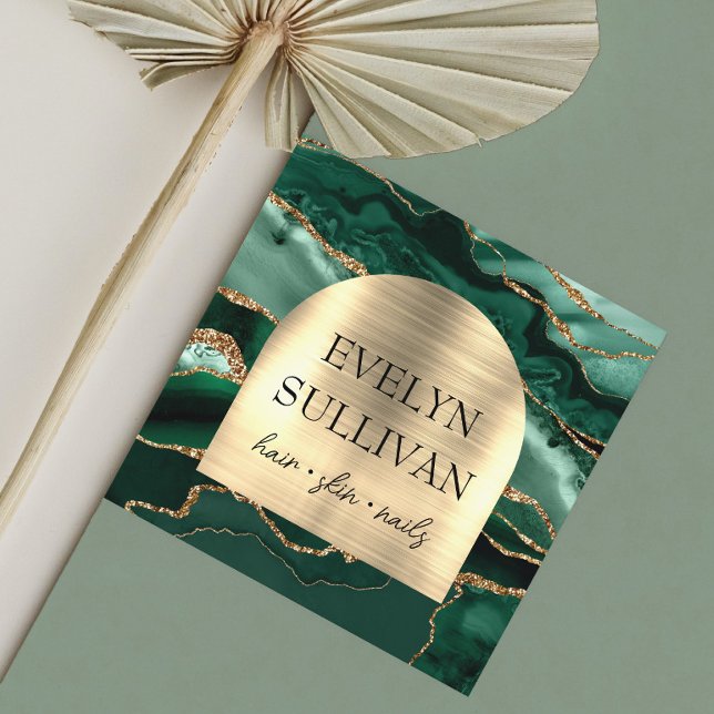 Quadrado Cartão de visita do arco de folhas verde-agate fau (Criador carregado)