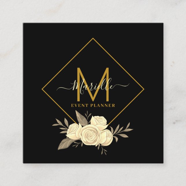 Quadrado Cartão de visita do Planejador de Eventos Preto Do (Frente)