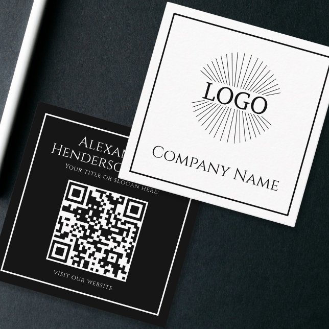 Quadrado Cartão de Visita Preto e Branco com QR code de Log (Minimal Logo QR code Black & White Square Business Card)