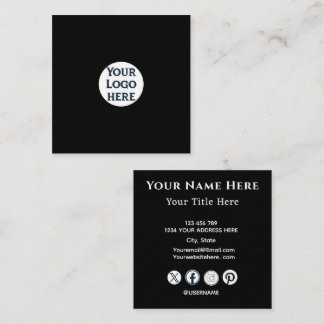 Quadrado Cartão de Visita Preto Minimalista com Logotipo Pe