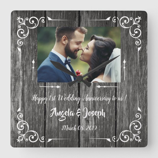 Quadrado Casamento de 1rua Aniversário Relógio de Madeira O (Frente)