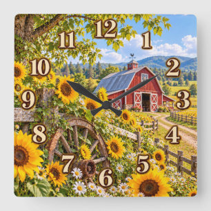 Quadrado Celeiro de Fazenda de Girassóis Relógio Country