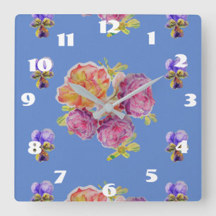 Quadrado Chique Rosas azuis Rosa relógio da sala