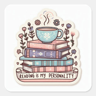 Quadrado Conjunto de Livros Aconchegantes & Adesivo de Café