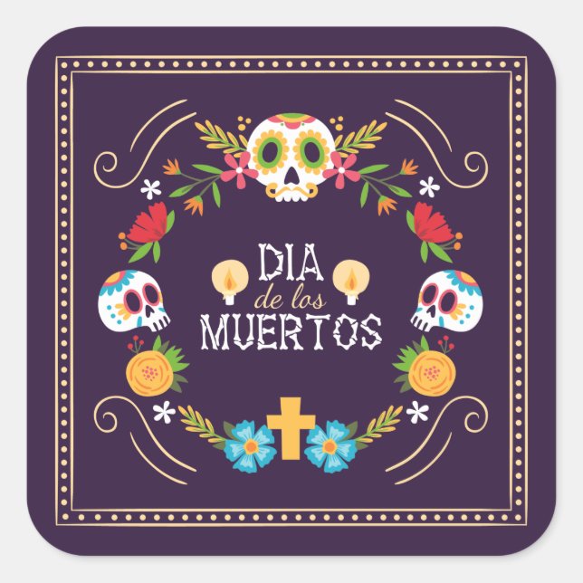 Quadrado Crânios Florais Coloridos Dia de Muertos | Adesivo (Frente)