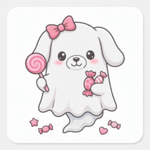 Quadrado Doce Fantasma de Bala com Laço Rosa Adesivo de Hal