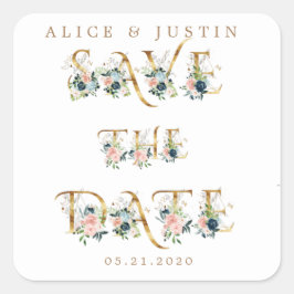 Quadrado dourado floral azul da meia-noite salvar adesivo d