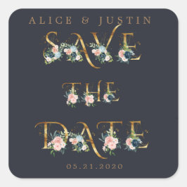 Quadrado dourado floral azul da meia-noite salvar adesivo d