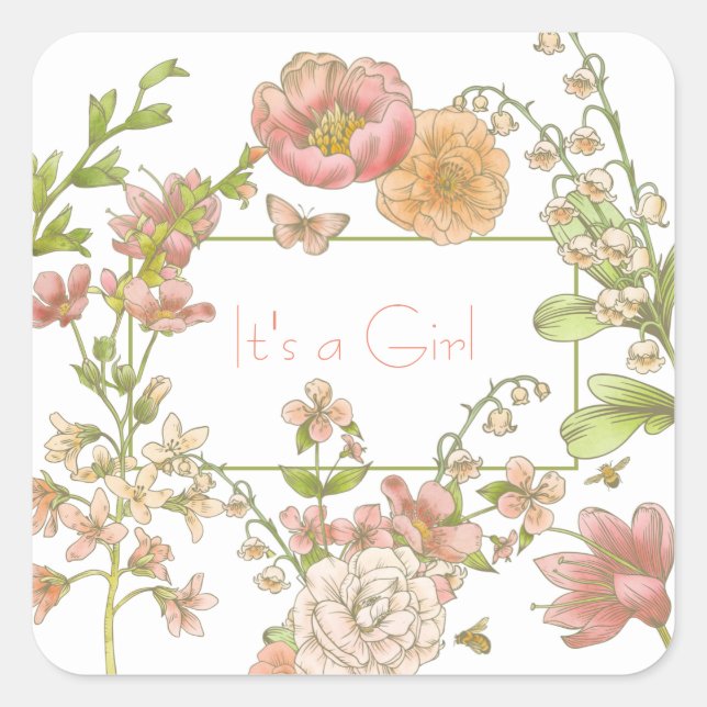 Quadrado É um adesivo de flores rosa-menina (Frente)