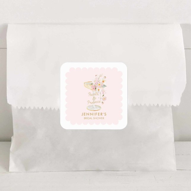 Quadrado Elegantes Pérolas e Prosecco Bridal Shower Adesivo (Pink Pearls and Prosecco Favor Sticker)