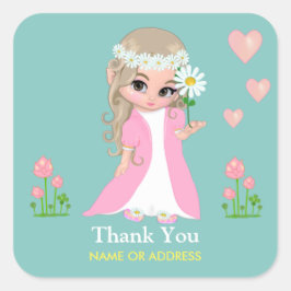 Quadrado Fada & Flores Agradecimento em Adesivo Azul Claro