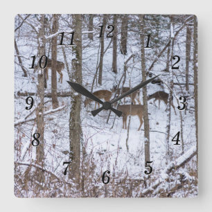 Quadrado Família Deer No Relógio Da Parede De Neve