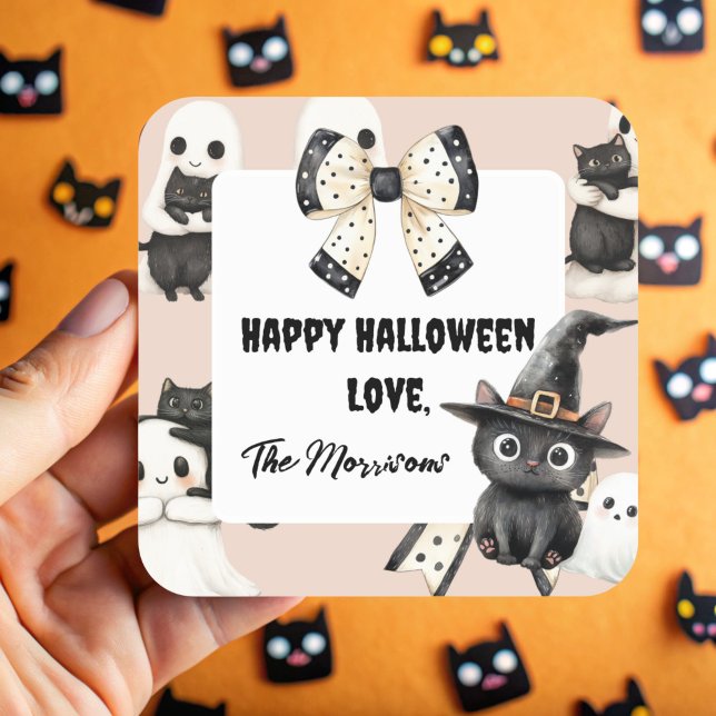 Quadrado Fantasmas Corados e Gatos de Halloween Adesivo Qua (Pink Cats and Ghosts Square Sticker)