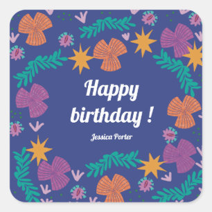 Quadrado Feliz aniversário adesivo azul moderno personalizá