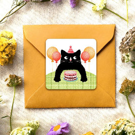 Quadrado Feliz Aniversário gato, bolo e balões Adesivo