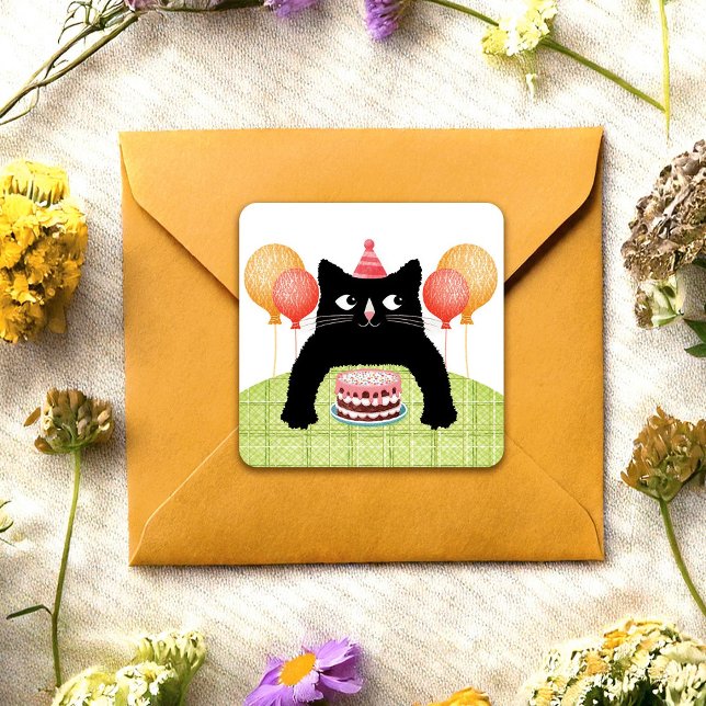 Quadrado Feliz Aniversário gato, bolo e balões Adesivo (Criador carregado)