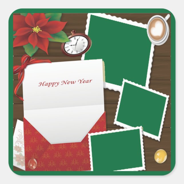 Quadrado Feliz ano novo com Holly adicione seu adesivo foto (Frente)