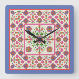 Quadrado Floral Rangoli Pattern Border on Ecru: Relógio de