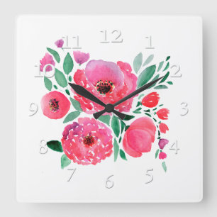 Quadrado Flores aquarelas, buquê 2. relógio grande