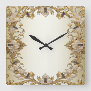 Quadrado Flores brancas - Relógio Dourado Decorativo de Par