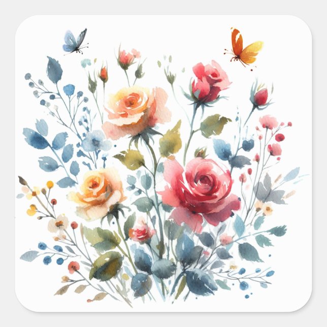 Quadrado Flores de Aquarelas do Adesivo (Frente)