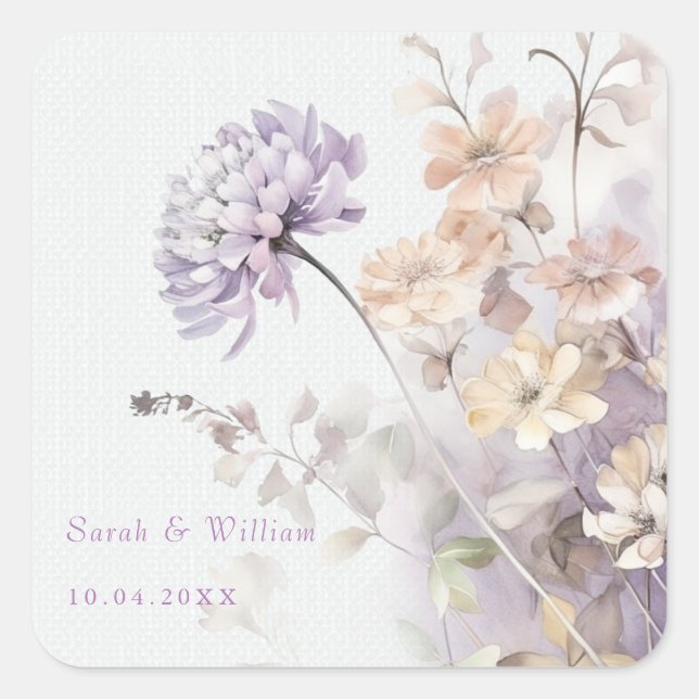 Quadrado Flores de lilás românticas adesivo de casamento (Frente)