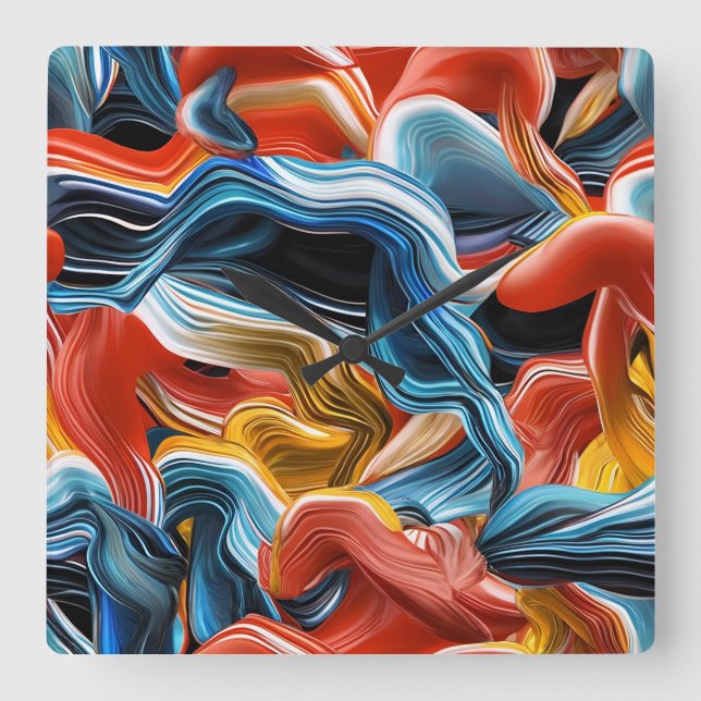 Quadrado Fluxos de Ondas Coloridas Relógio Branco Dourado A (Frente)