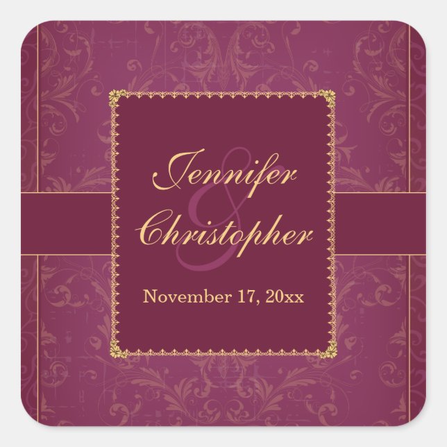 Quadrado Framboesa escura e adesivo de casamento personaliz (Frente)