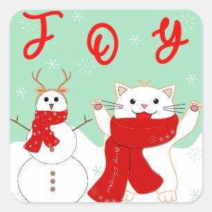 Quadrado Gato Feliz Com Boneco de Neve   Adesivo de Natal F