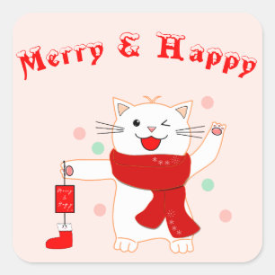 Quadrado Gato Fofo Alegre & Feliz   Adesivo de Natal Fofo