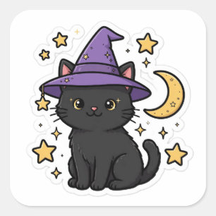 Quadrado Gato Preto Chapéu de Bruxa Adesivo Fofo de Hallowe