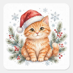 Quadrado Gato Tabby com Chapéu de Papai Noel Adesivo de Nat