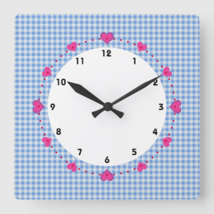 Quadrado gingham cheque azul e branco com relógio de cora
