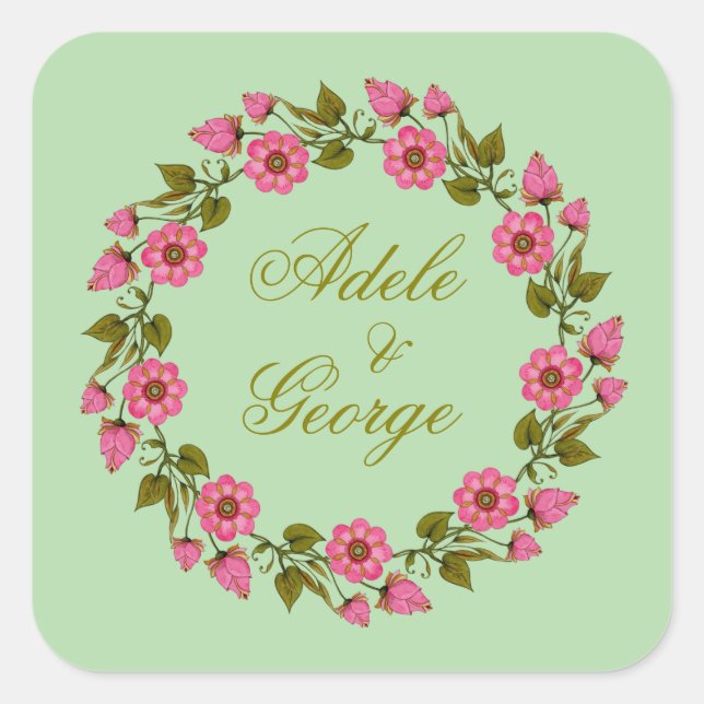 Quadrado Guirlandas Florais Rosa | Adesivo de Favor de Casa (Frente)