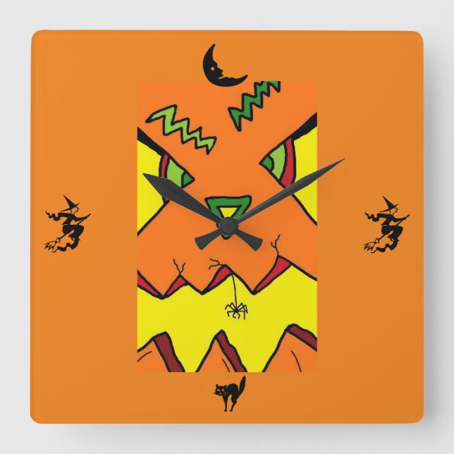 Quadrado Halloween Jack-O-Lanterna e Relógio de Aranha (Frente)