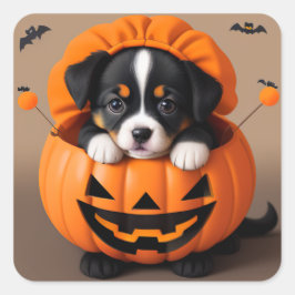 Quadrado Halloween Puppy num adesivo de abóbora