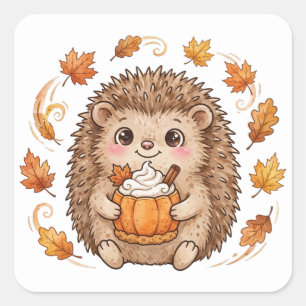 Quadrado Hedgehog Pumpkin Spice Latte Cute Fall Adesivo