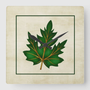 Quadrado Horário de outono de Folha Verde - Relógio Quadrad