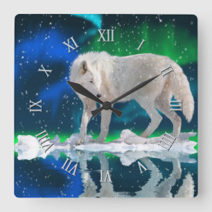 Quadrado Lobo Ártico, Neve e Relógio de Arte da Vida Selvag