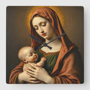 Quadrado Mãe Mary e Bebê Jesus Muro Relógio