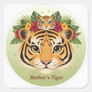 Quadrado Majestosa Mãe Tigre e Filhote Adesivo Floral - Mãe
