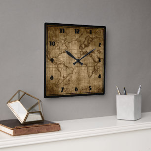 Quadrado Mapa do Mundo Antigo - Relógio Personalizado