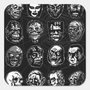 Quadrado Máscaras de Monstros Arte Adesivo P&B – Halloween 