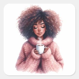 Quadrado Menina Afro Aconchegante – Adesivo de Inverno em A